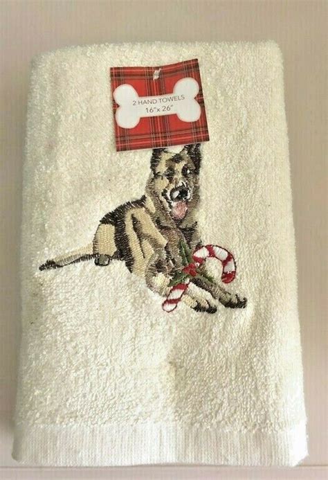 Christmas German Shepard Dog Hand Towels Set Of 2 Embroidered Ivory