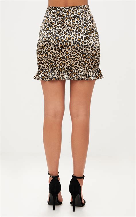 Brown Satin Leopard Print Frill Hem Mini Skirt Prettylittlething