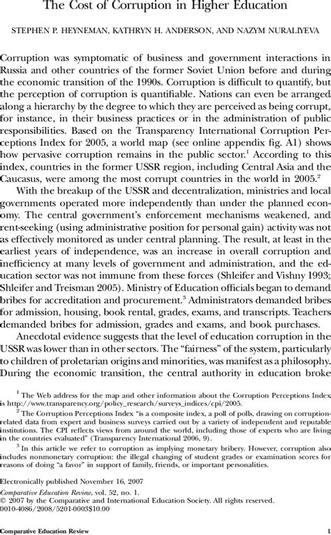 The Cost Of Corruption In Higher Education Comparative Education Review Vol 52 No 1