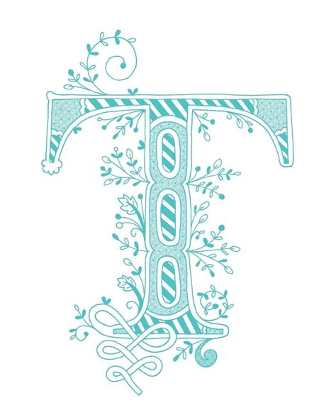 Hand Drawn Monogrammed Print 8x10 The Letter T In The Color Blue