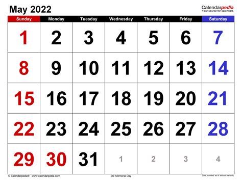 May 2022 Calendar Templates For Word Excel And Pdf
