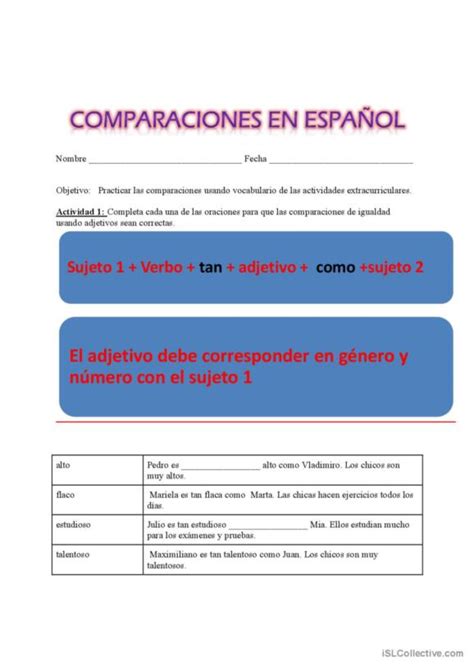 31 Comparativos Español Ele Hojas De Trabajo Pdf And Doc
