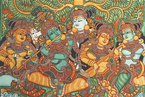 Krishna With Flute Kerala Mural Artwork Canvas Rolled Indian Etsy India