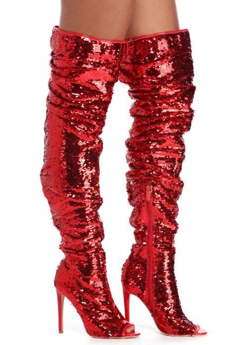 Red Thigh High Sequin Boots Bootie Boots Heeled Boots Shoe Boots