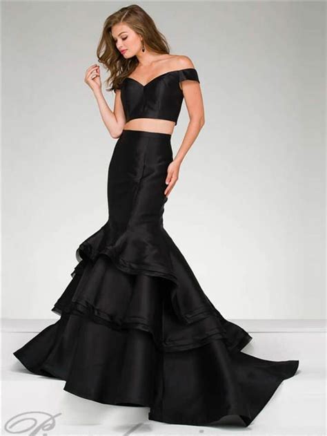Black Off Shoulder Tiered Two Piece Mermaid Prom Dress By Jovani 46866