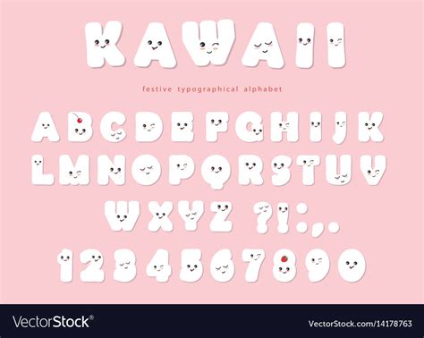 Paper Cut Out Kawaii Font With Funny Smiling Faces