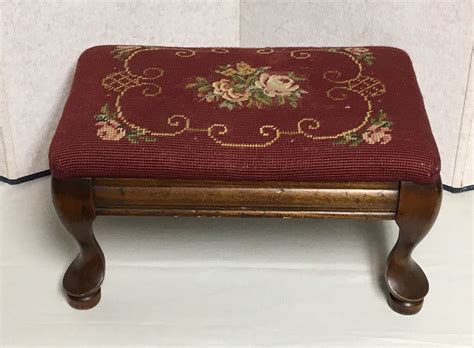 Antique Victorian Needlepoint Footstool Queen Anne Style Wooden Stool