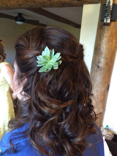 Gorgeous Half Up Half Down Bridal Hairstyle Curled With A Succulent