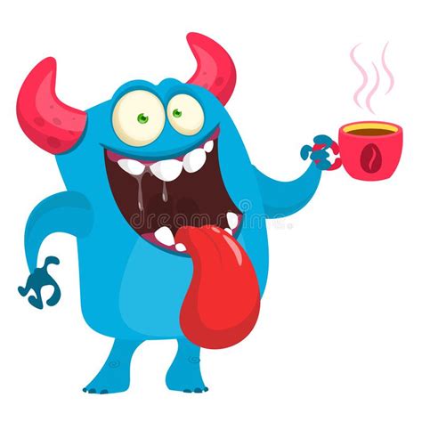 Funny Cartoon Monster Having Cup Of Coffee Vector Halloween