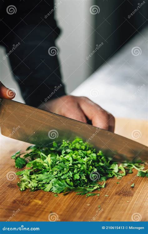 Cutting Parsley With Knife In Vegan Restaurant Stock Image Image Of