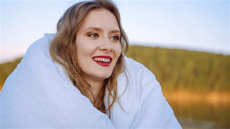 Happy Cheerful Young Woman Wearing Her Red Hair Wrapped In A Blanket