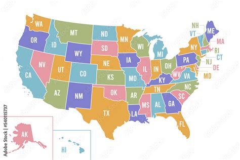 Usa Map With Abbreviated State Names United States Of America