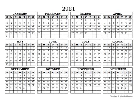 2021 Blank Yearly Calendar Landscape Free Printable Templates