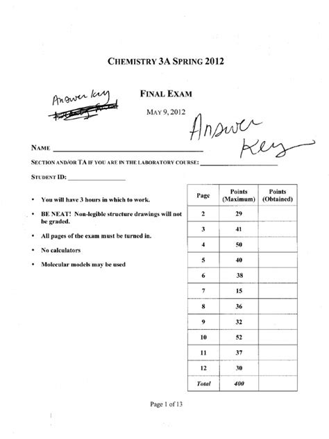 Check kcet 2021 answer key of physics, chemistry, biology and mathematics here! Chem 3A Final Exam Answer Key 2012