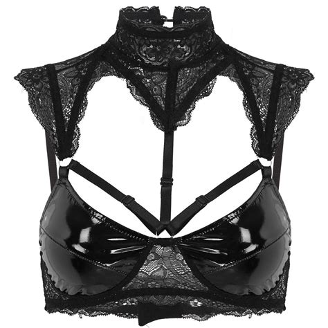 Womens Erotic Sheer Lace Lingerie Sexy Bra Intimates Halter Neck Patent Leather Cups Hollow Out