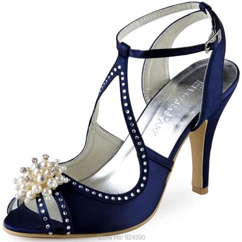 Elegantpark E Ep11058 Women Navy Blue Satin Stiletto Heel Peep Toe With Pearls Rhinestones