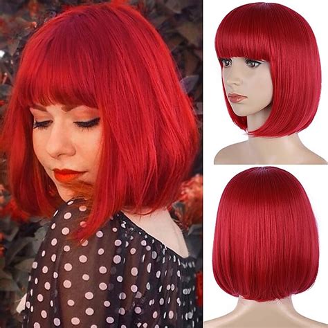 Red Bob Wig Short Red Straight Bob Wigs With Bangs For Women Colorful
