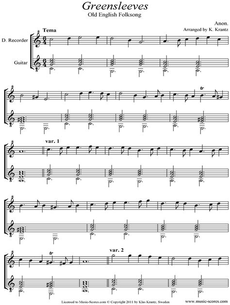 traditional greensleeves descant recorder guitar classical sheet music