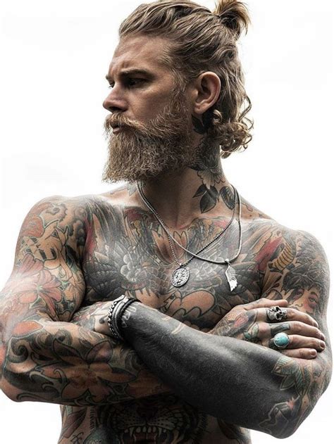 Full Beard And Mustache Style With Long Hair And Tattoos Long Hair