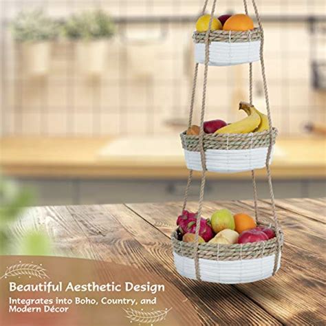 Hanging Fruit Basket For Kitchen 3 Tier Cotton Rope Woven Baskets