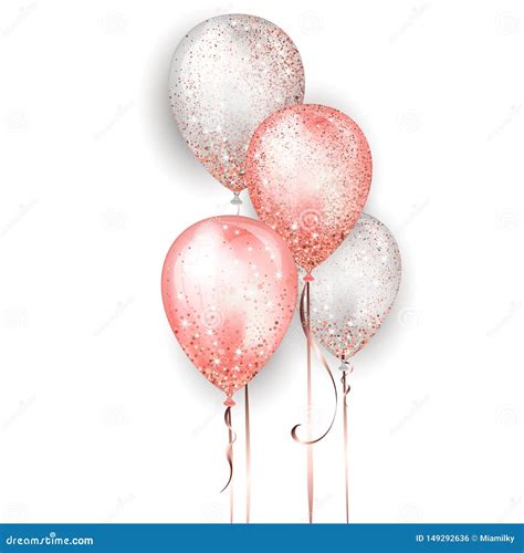 Flying Glossy White And Pink Shiny Realistic 3d Helium Balloons With