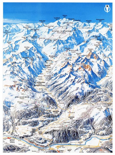 Large Detailed Piste Map Of Pitztal Ski Area 1998 Tyrol Austria