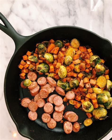 The flavors of sweet potatoes, spinach, honey, and cinnamon meet aidells chicken & apple chicken sausage for this simple recipe. SAUSAGE & VEGGIE skillet Applegate or aidells chicken sausage Add Apple and onion in skillet Sp ...