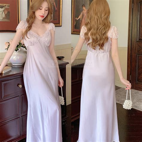 sexy deep v neck long nightdress sleepwear elegant french court style nightgown casual loose