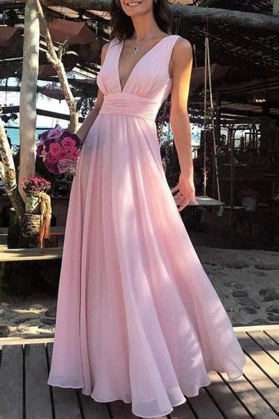 Flowy Pink Long V Neck Chiffon Prom Dresses Vestidos De Fiesta