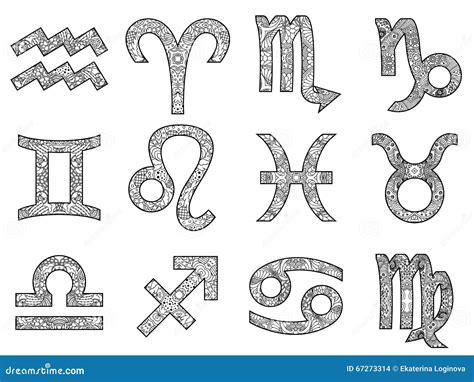 Set Of Decorative Black And White Zodiac Signs Stock Vector