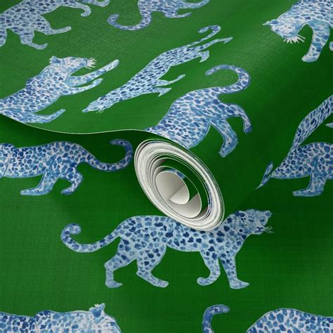 Leopard Parade Blue On Green Wallpaper Spoonflower