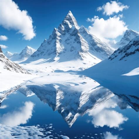 Premium Ai Image Snow Covered Mountain Blue Sky With Reflection In