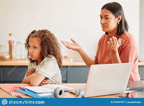 Confused Parent Teaching Upset Daughter Home School Angry Or Sad Child