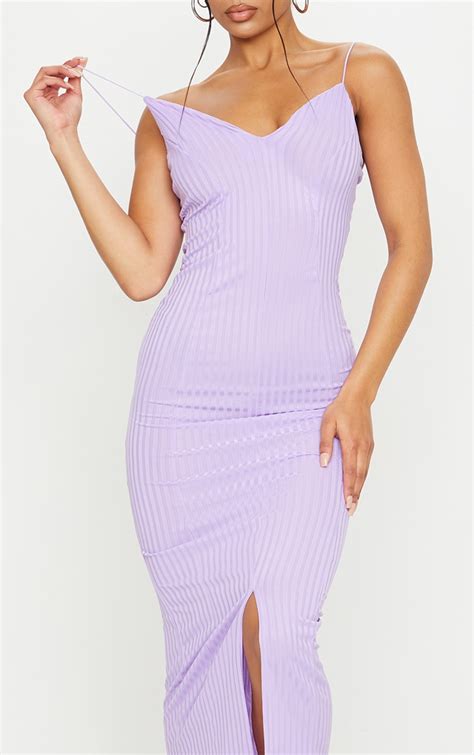 Lilac Strappy Plunge Ribbed Midaxi Dress Prettylittlething