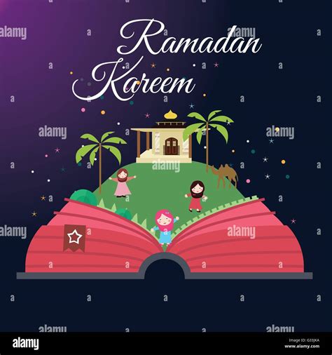 Ramadan Greeting Cards Kids And Mosque With Starry Night Islam