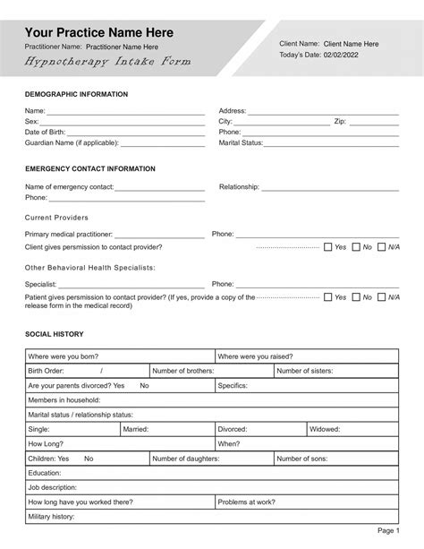 Hypnotherapy Intake Form Editable Fillable Printable Pdf Template
