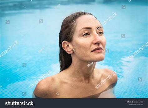 Beautiful Woman Swimming Naked Swimming Pool Stock Photo