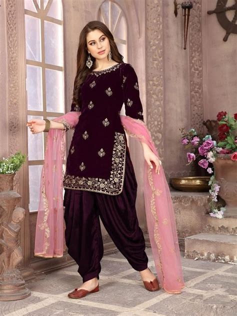 Plus Size Velvet Embroidery Purple Punjabi Salwar Suit With Net Dupatta