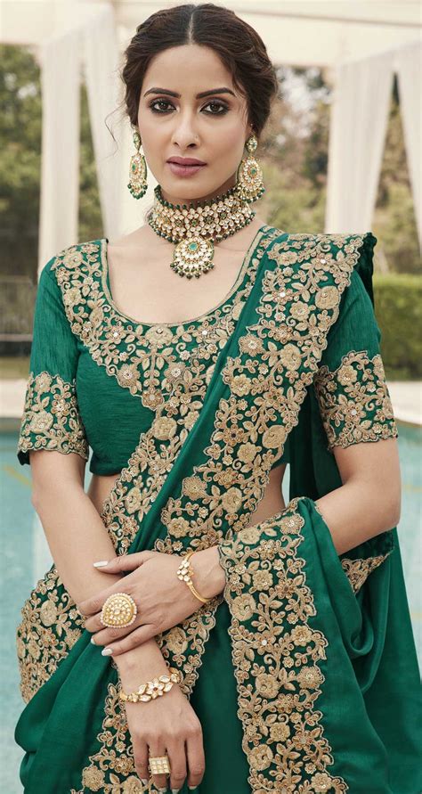 Party Wear Wedding Green Color Satin Silk Fabric Saree 1703659