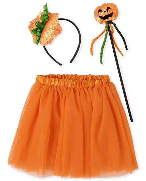 Girls Halloween Pumpkin Headband Wand And Tutu Skirt Costume Set