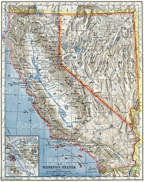 California And Nevada Map 1883 Stock Photo Download
