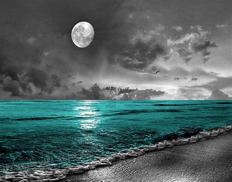 Teal Ocean Moon Coastal Decorative Home Wall Art Decor Matted Picture