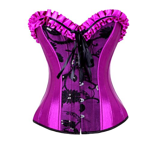 Fashion Sexy Women Purple Lace Up Boned Jacquard Corset Satin Plastic