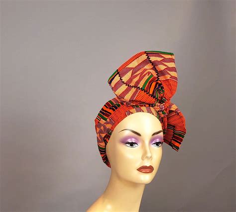 African Kente Head Wrap Ankara Scarf Fabric Orange Etsy