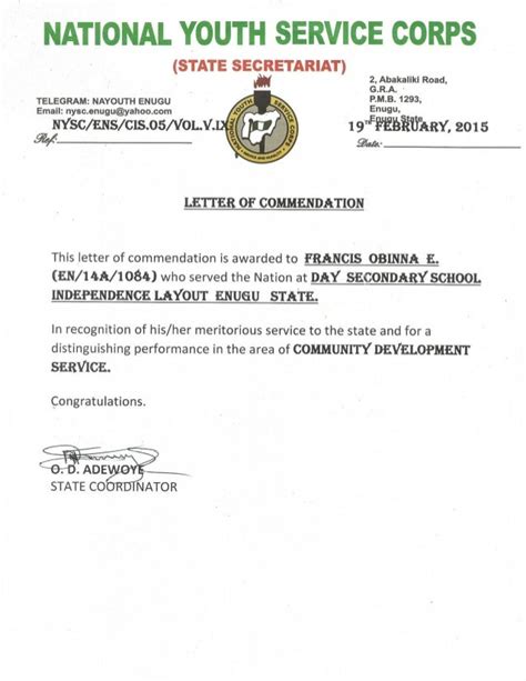 Nysc Letter Of Commendation