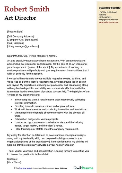 Art Director Cover Letter Examples Qwikresume