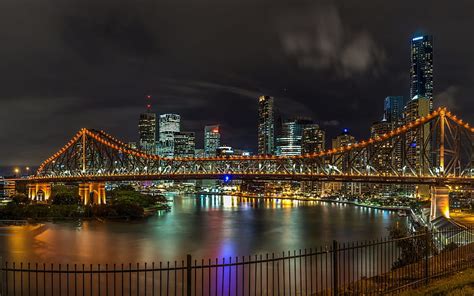 Story Bridge Brisbane Australia Evening Cityscape Night Lights Hd