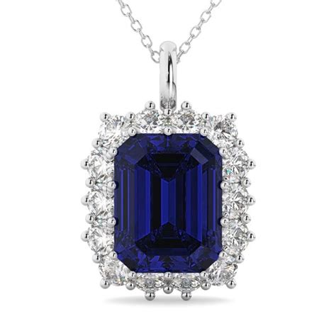 Emerald Cut Blue Sapphire Diamond Pendant 14k White Gold 5 68ct AD1778