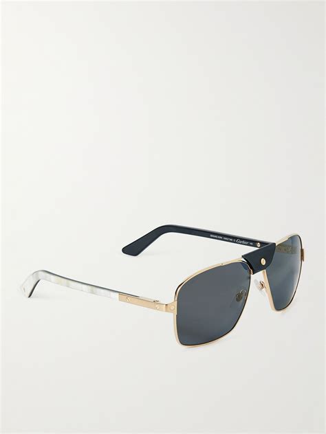 Cartier Aviator Style Leather Trimmed Gold Tone And Acetate Sunglasses Modesens