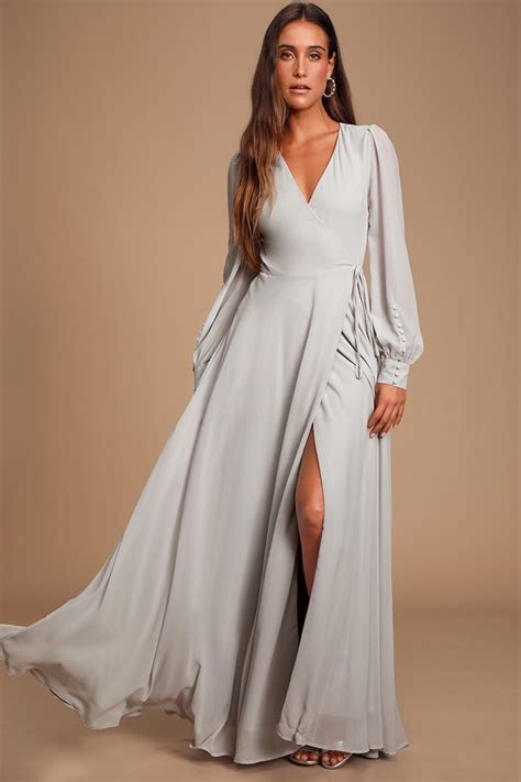 Glam Light Grey Dress Wrap Maxi Dress Long Sleeve Dress Lulus